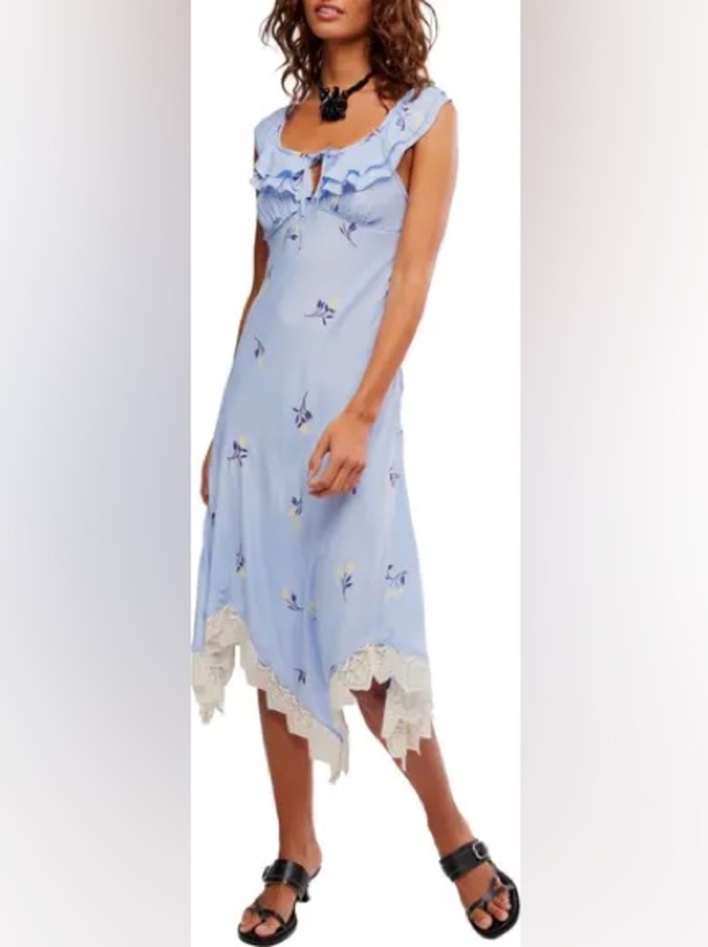 Free People Light Blue Floral Ruffle Maxi Dress with Cream Lace Trim